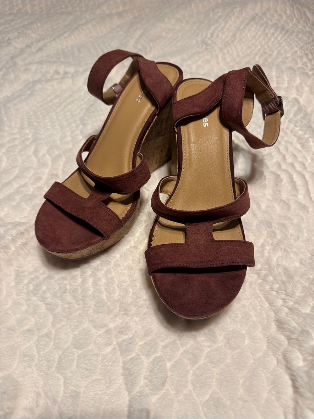 Maurices Wine Suede Wedge Sandals with Ankle Strap